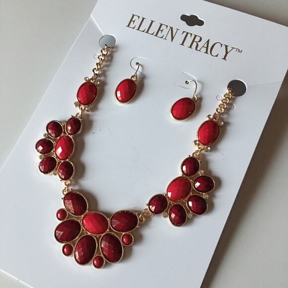 ELLEN TRACY gold tone red accent necklace set - Picture 6 of 10